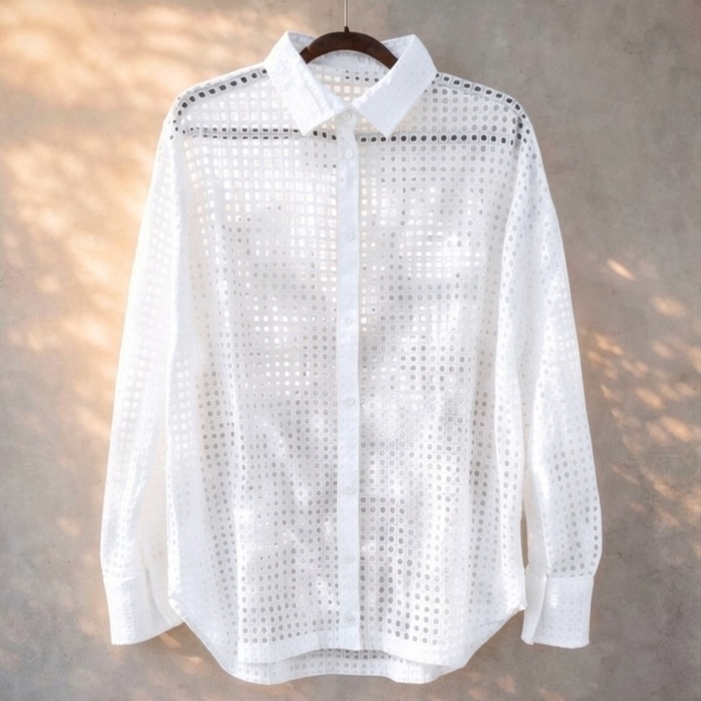 Steve Madden White Cotton Windowpane Eyelet Blouse Small/XS Boho Minimalist
